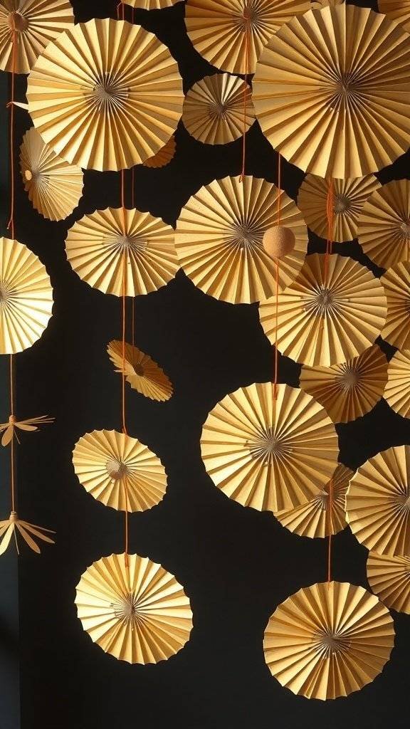 A decorative gold fan garland made of folded paper, showcasing vintage style.
