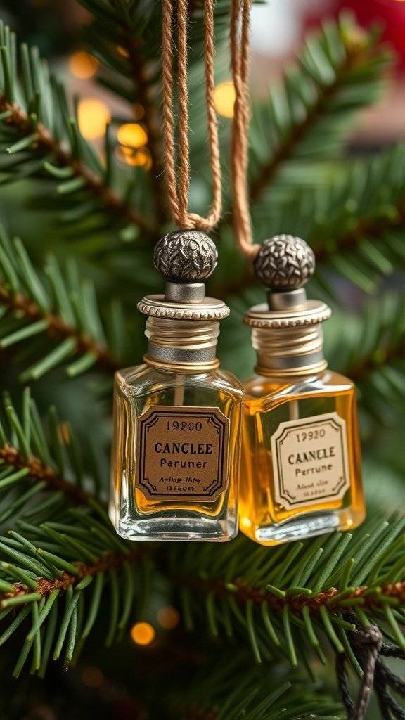 Vintage perfume bottle ornaments hanging on a Christmas tree