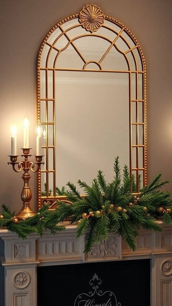 Art Deco mirror with golden accents above a mantel decorated with evergreen garlands and candlesticks