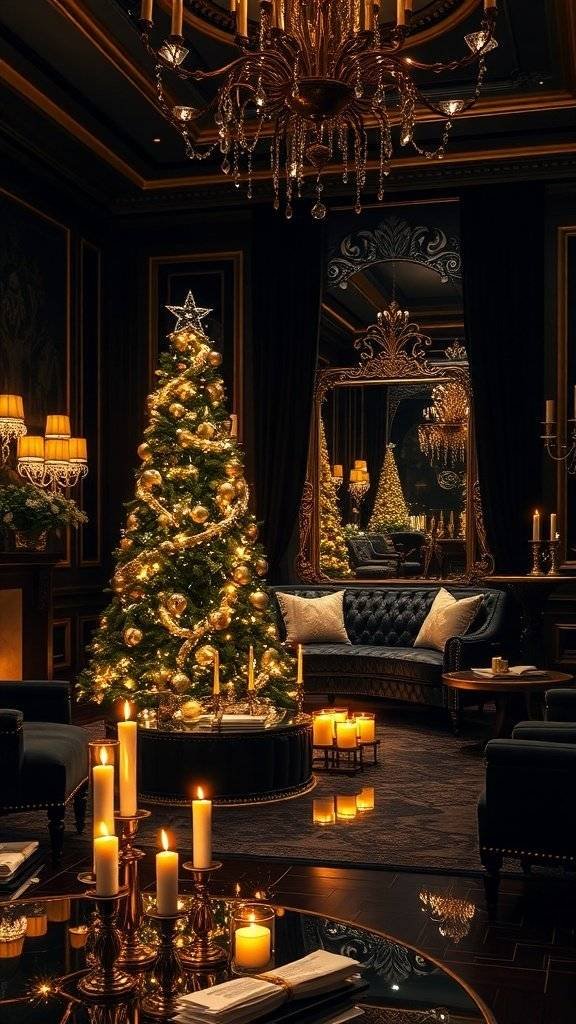 A luxurious Christmas scene featuring a decorated tree, candles, and elegant furniture.