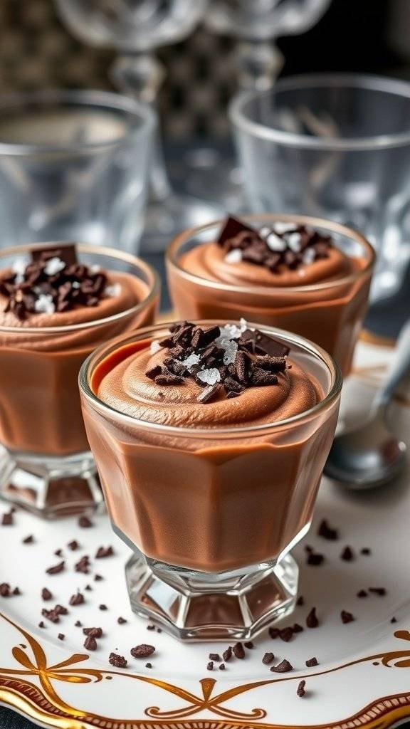 Three elegant servings of chocolate mousse topped with chocolate shavings and sea salt, served on a decorative plate.