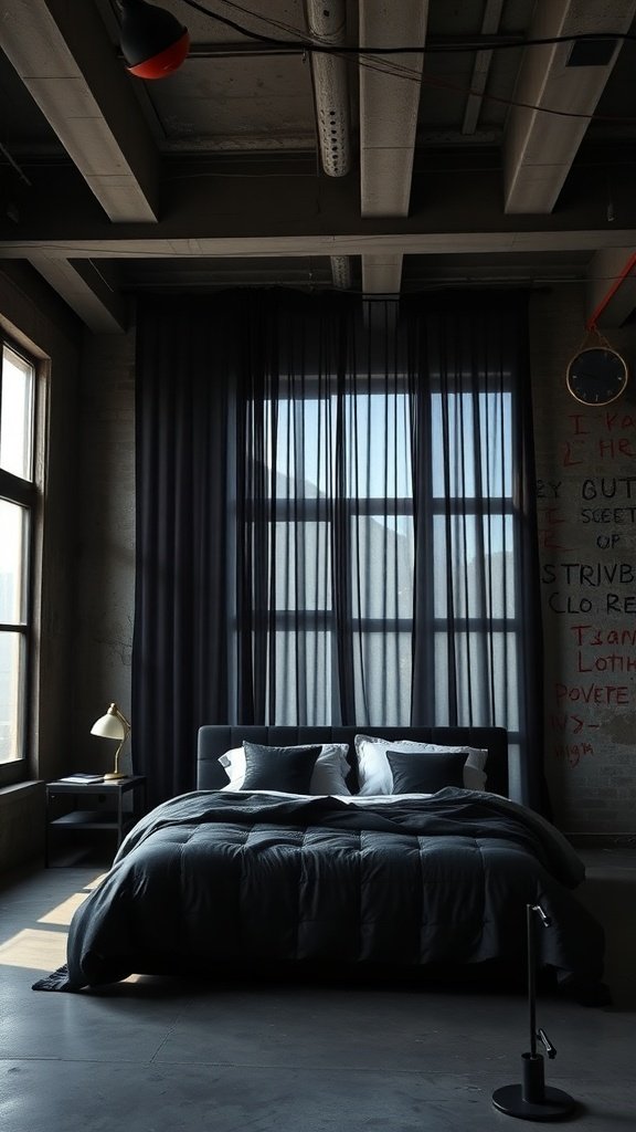 A stylish bedroom with dark bedding, large windows, and industrial decor.