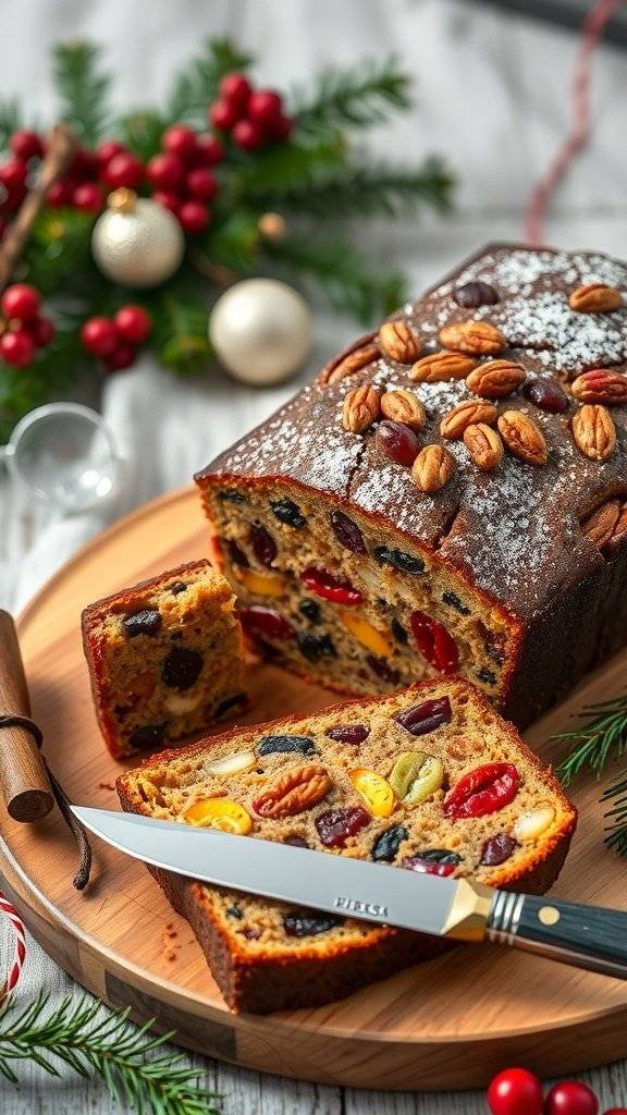 A beautifully baked fruitcake with colorful candied fruits and nuts, set on a wooden platter.