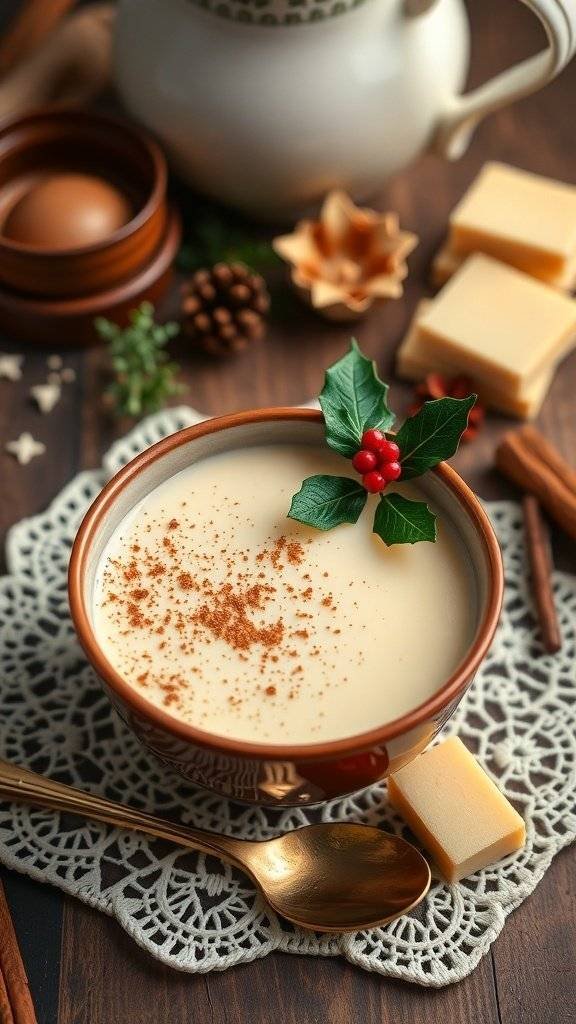 A bowl of velvety eggnog custard garnished with holly and cinnamon, surrounded by festive decorations.