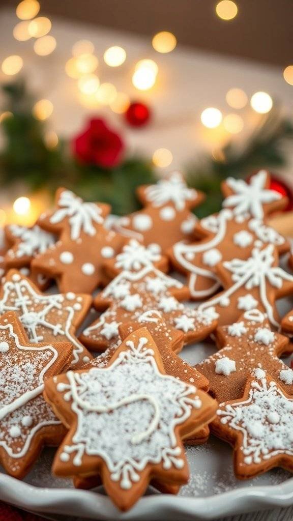 Decorated gingerbread cookies in various shapes with icing on a plate, with festive lights in the background.