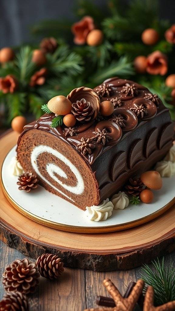 A beautifully decorated Yule Log cake with chocolate frosting and festive decorations.