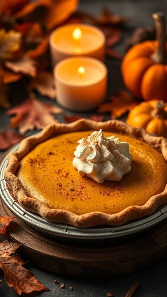 A creamy pumpkin pie topped with whipped cream and cinnamon, surrounded by autumn leaves and candles.