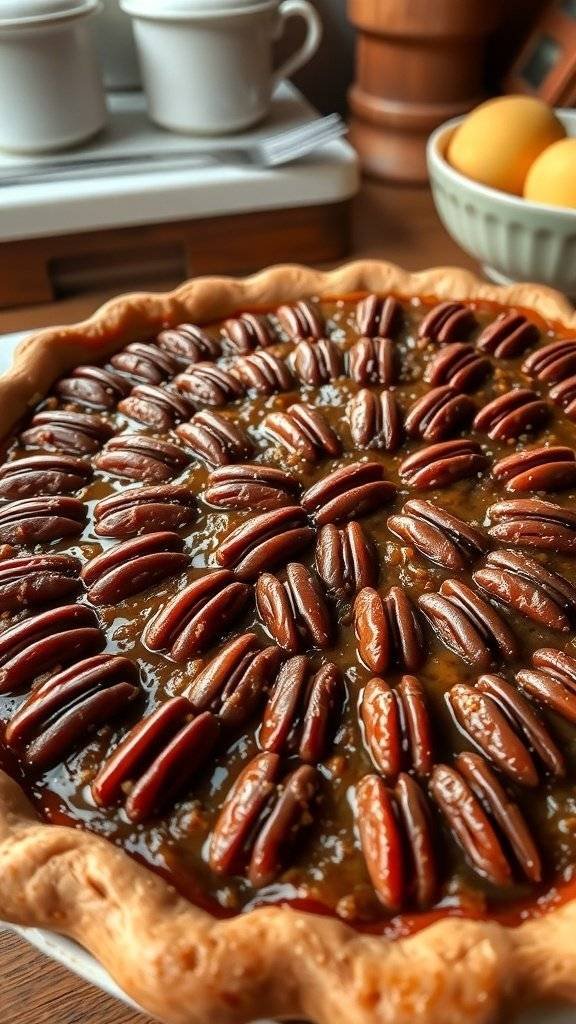 A beautifully baked pecan pie with a golden crust and shiny filling, garnished with whole pecans.