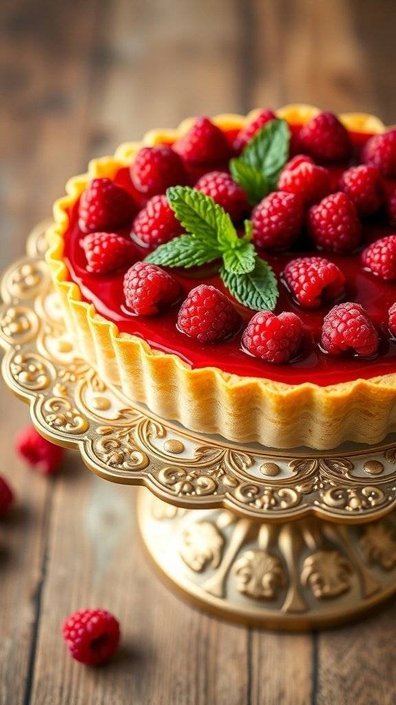 A beautiful raspberry tart topped with fresh raspberries and mint leaves, displayed on an ornate cake stand.