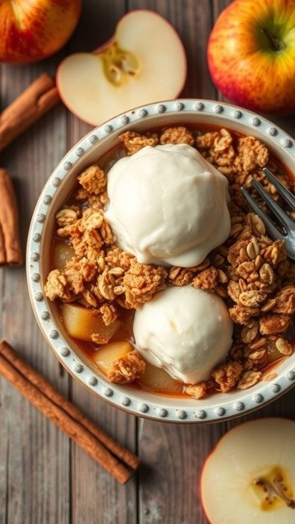 A bowl of old-fashioned apple crisp topped with ice cream, surrounded by apples and cinnamon sticks.