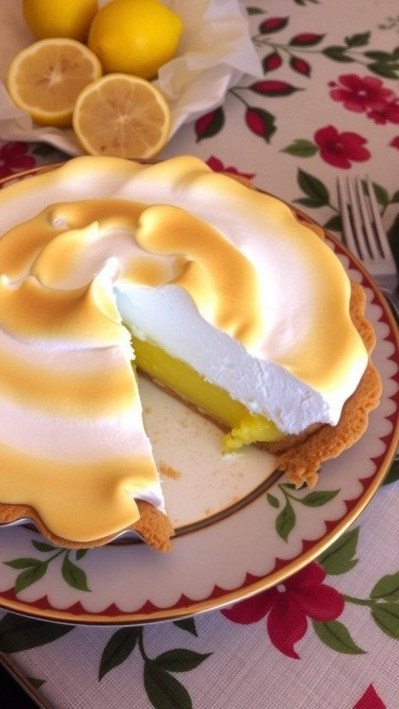 A beautifully baked Lemon Meringue Pie with a slice cut out, showcasing its yellow filling and fluffy meringue topping.