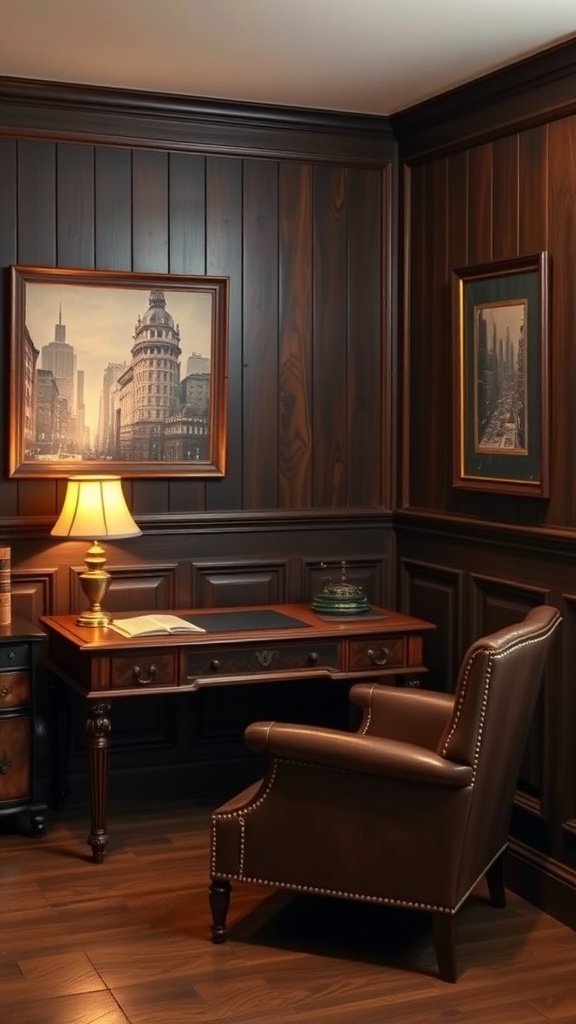 A vintage-inspired bedroom with dark wood paneling, a classic desk, leather chair, and cityscape artwork.