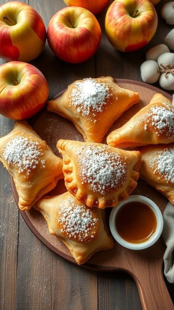 Flaky apple turnovers dusted with powdered sugar, surrounded by fresh apples on a wooden board.