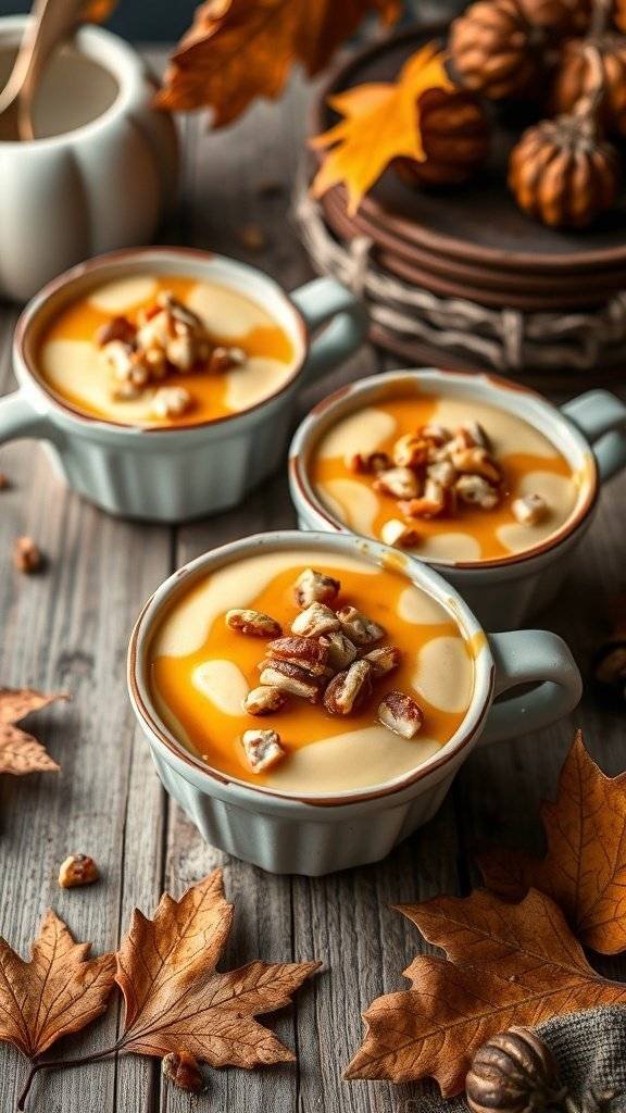 Maple pudding in small bowls topped with pecans and syrup, surrounded by autumn leaves.