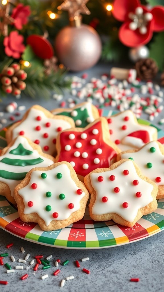 A colorful plate of decorated Christmas sugar cookies in festive shapes.