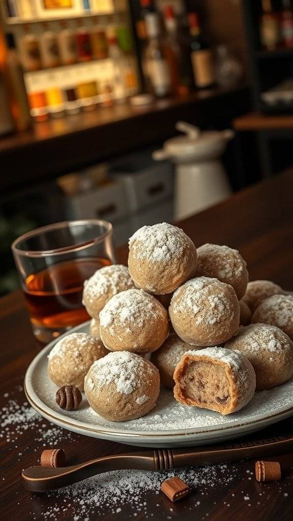 A plate of bourbon balls dusted with powdered sugar, with a glass of bourbon in the background.