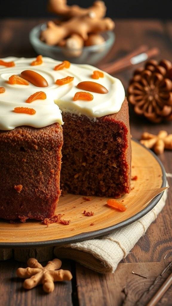 A slice of spiced gingerbread cake topped with cream cheese frosting, surrounded by ginger pieces and star anise.