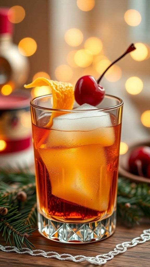 A classic Old-Fashioned cocktail garnished with orange peel and cherry, set against a festive background.