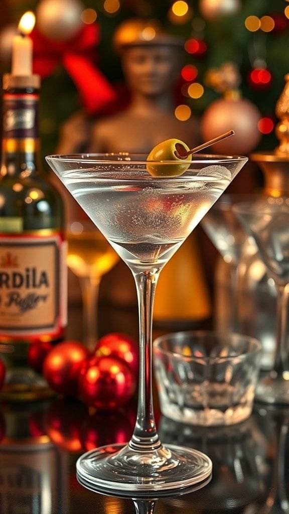 A classic martini cocktail garnished with an olive, set against a festive holiday background.