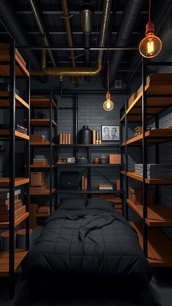 An industrial-style bedroom featuring metal shelving, a black quilted bed, and warm wooden accents.