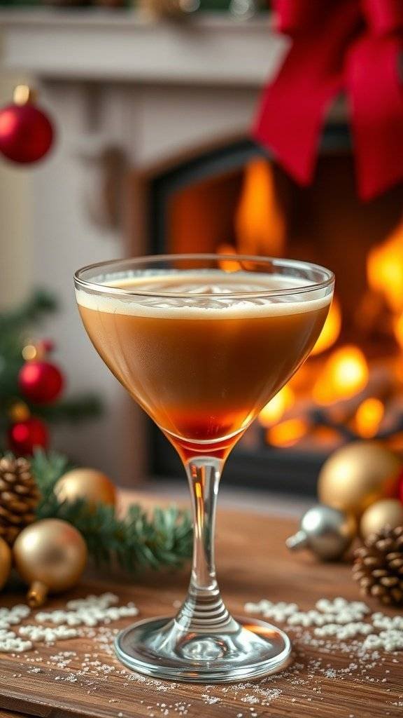 A Brandy Alexander cocktail served in a classic glass, with festive decorations and a warm fireplace in the background.