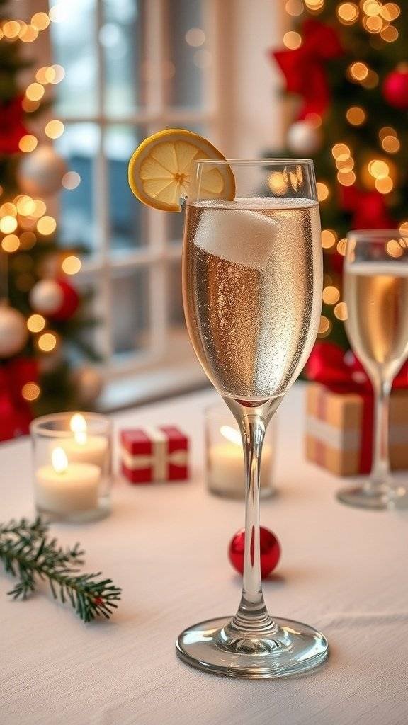 A classic champagne cocktail with a lemon slice, set against a festive Christmas backdrop.