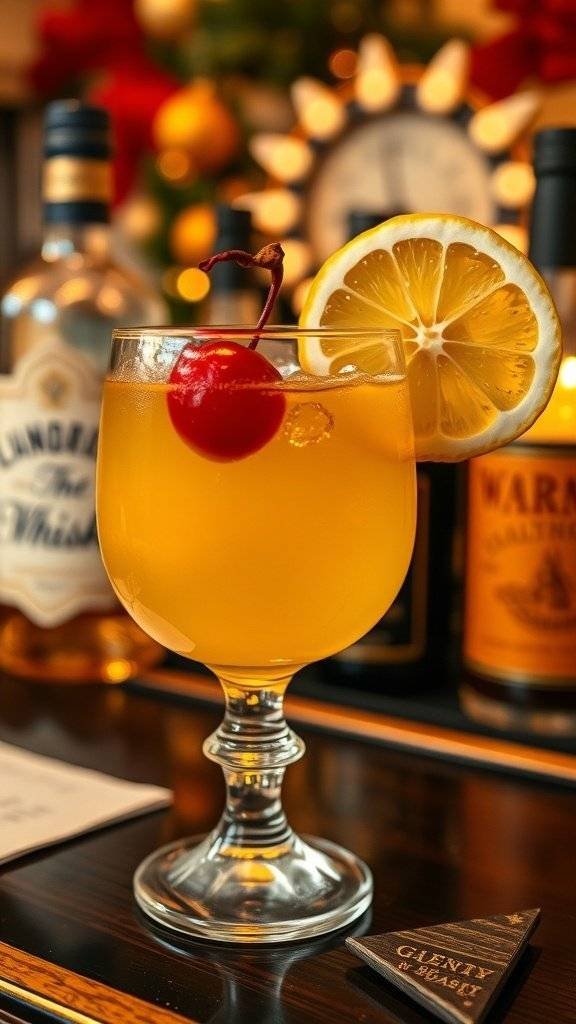 A Whiskey Sour cocktail garnished with a cherry and lemon slice, set against a festive background.