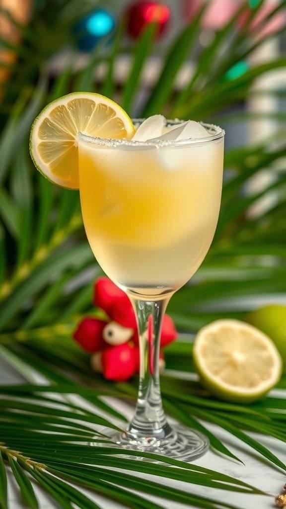 A refreshing Daiquiri cocktail garnished with a lemon slice, set against palm leaves and festive decorations.