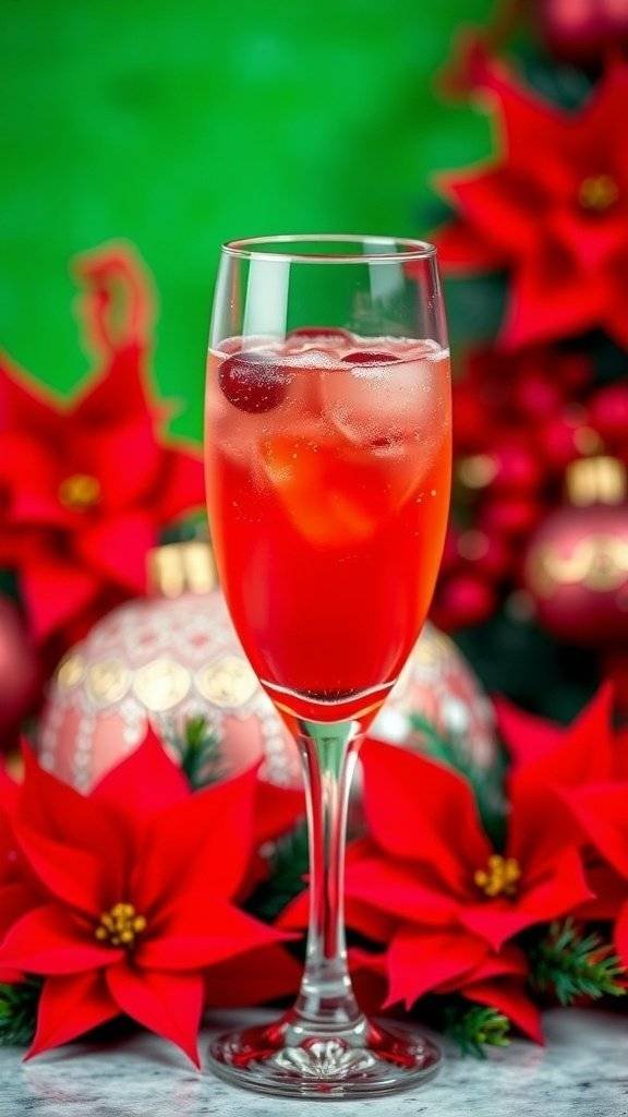 A festive Poinsettia cocktail in a glass, surrounded by red poinsettia flowers and holiday decorations.