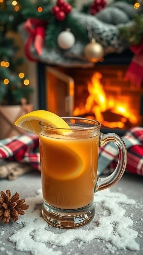 A hot toddy in a glass with a lemon slice, set against a cozy fireplace and festive decorations.