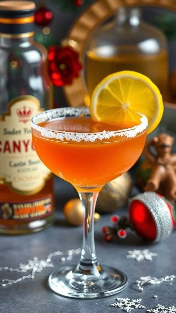 A classic Sidecar cocktail garnished with a lemon slice, set against a festive holiday backdrop.