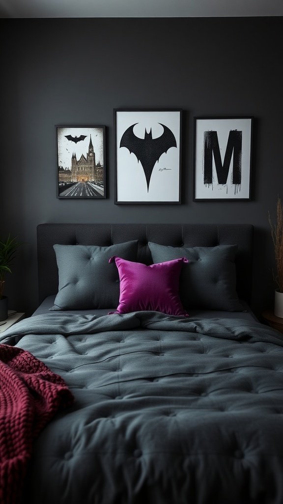 A stylish bedroom with dark walls, featuring Batman-themed artwork and a vibrant purple pillow on a gray bed.