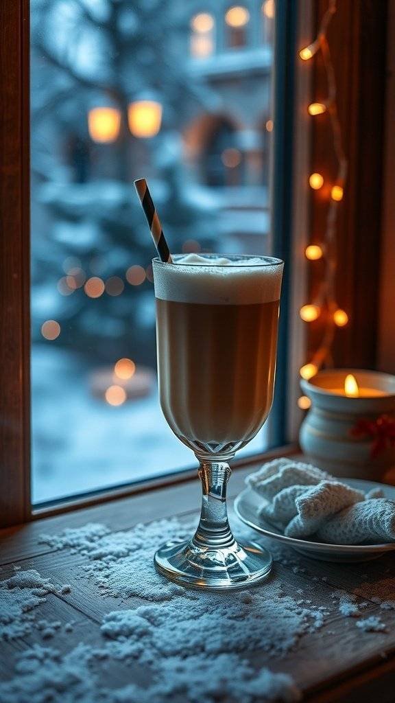 A White Russian cocktail on a wooden table, with snow outside the window and warm lights in the background.