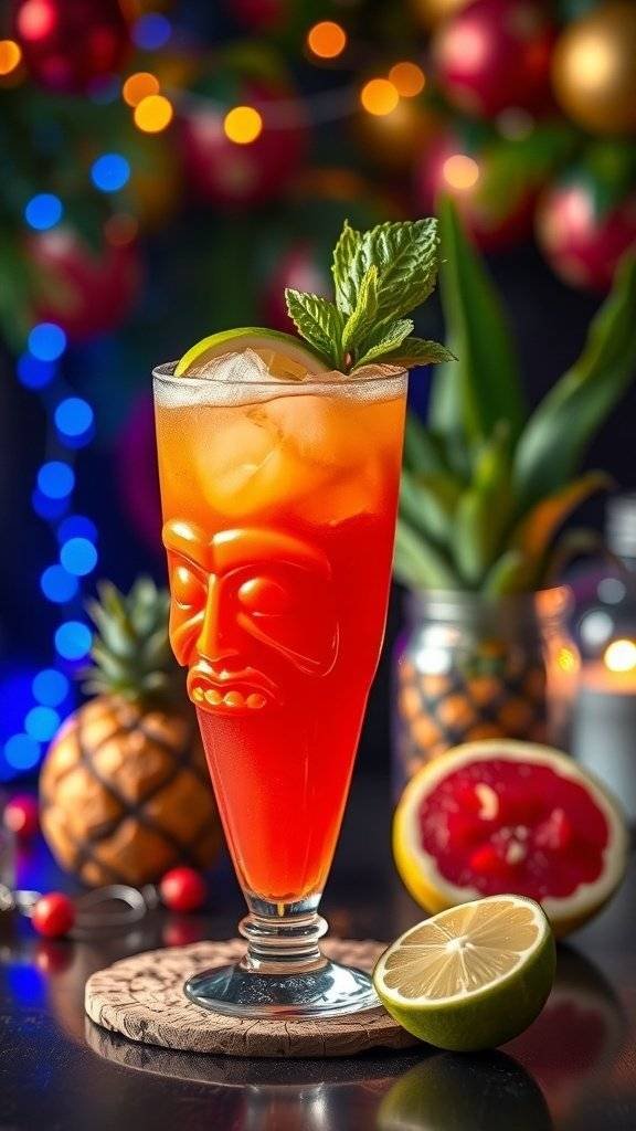 A vibrant Mai Tai cocktail in a tiki glass, garnished with mint and lime, set against a festive background.