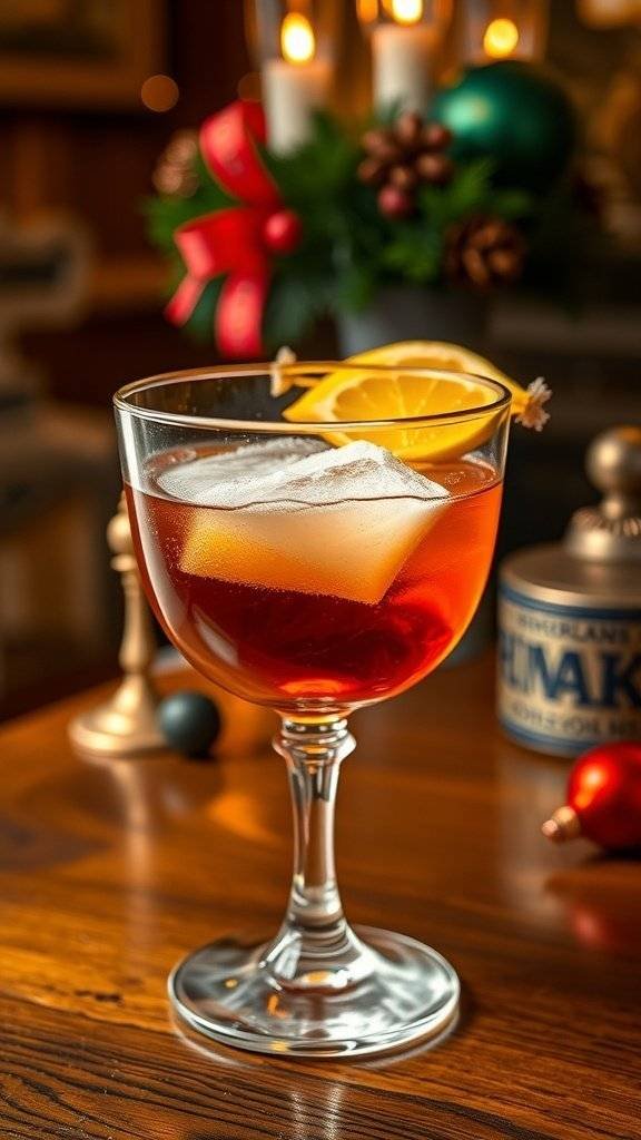 A classic Sazerac cocktail served in an elegant glass, surrounded by festive decorations.
