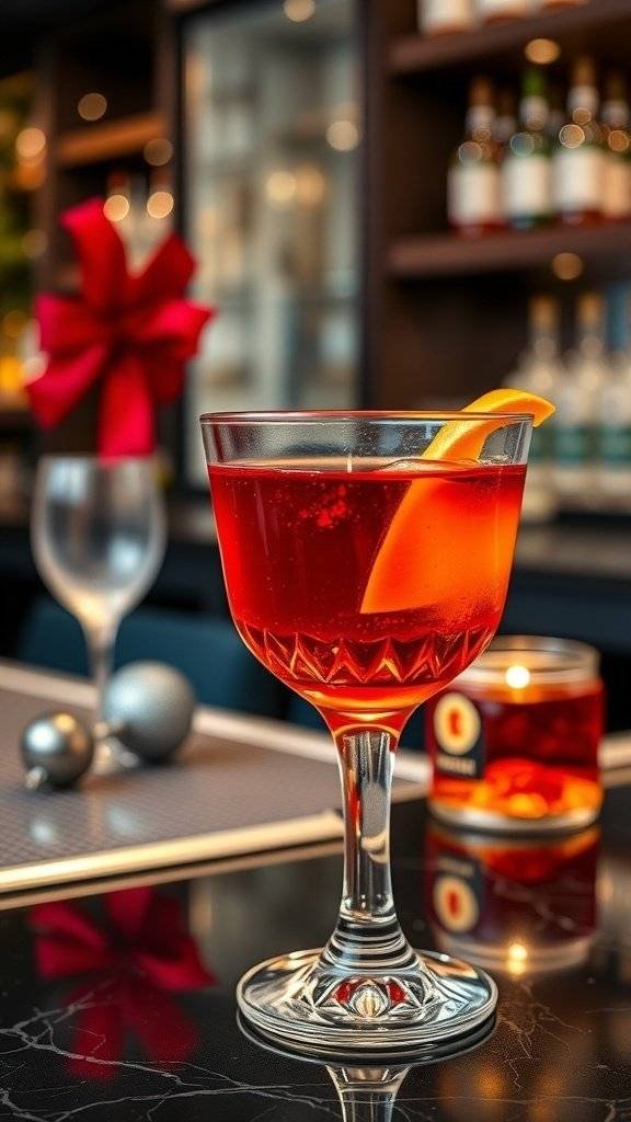 A vibrant Negroni cocktail garnished with an orange slice, served in an elegant glass.