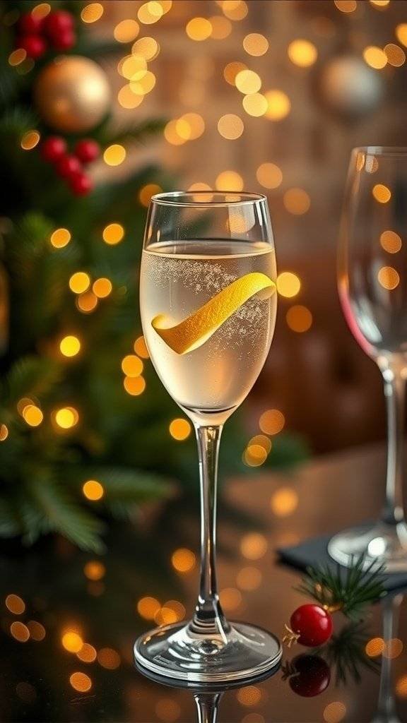 A glass of French 75 cocktail garnished with a lemon twist, set against a backdrop of Christmas lights and decorations.