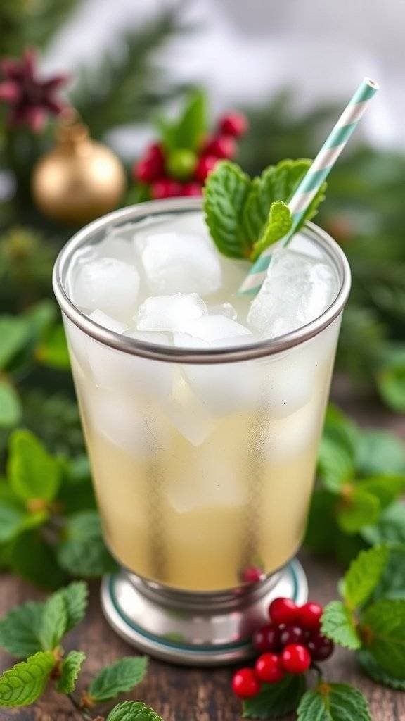 A classic Mint Julep cocktail served in a silver cup, garnished with mint leaves, surrounded by festive decorations.