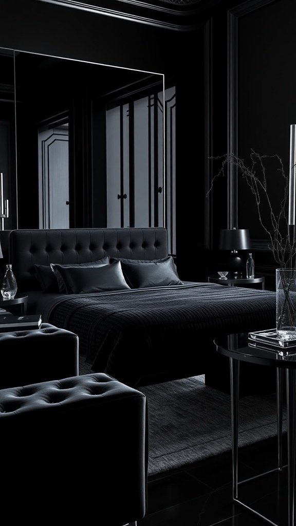 A sleek black bedroom with a tufted bed, dark decor, and elegant furnishings.