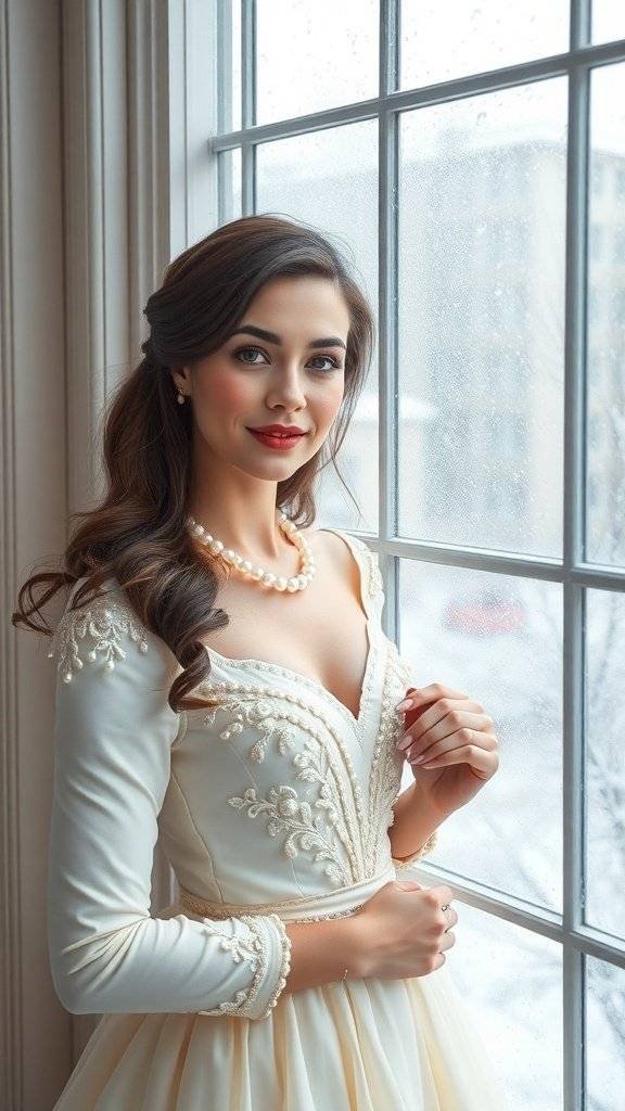 A woman in an ivory flapper dress with intricate embroidery, standing by a window with snow outside.