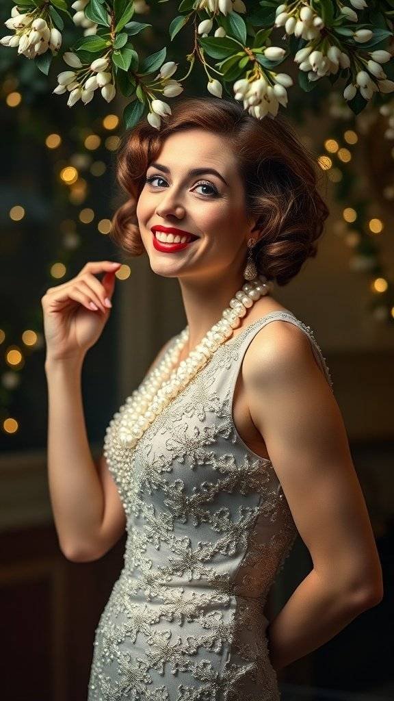 A woman in a vintage-style dress with pearls, surrounded by holiday decor.