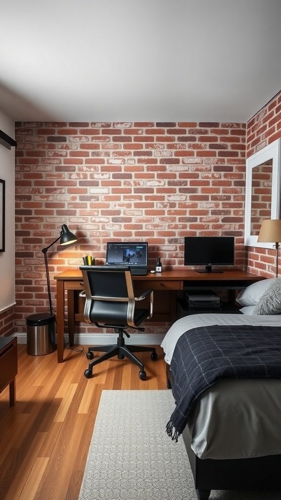 A cozy bedroom office combo featuring a brick wall, wooden desk, and modern decor.