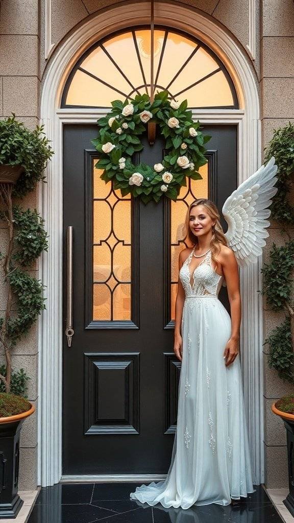 A woman in a glamorous white gown with angel wings standing in front of a decorated door with a wreath.