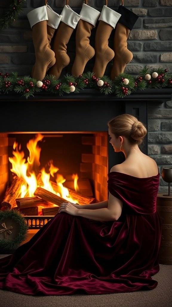 A woman in a crushed velvet dress sitting by a fireplace with Christmas stockings.