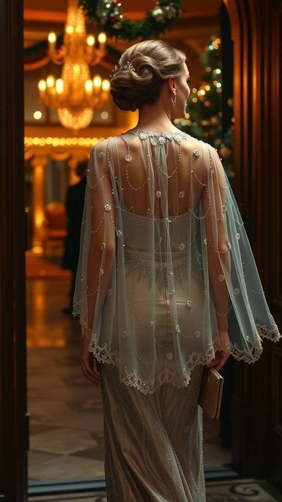 A woman wearing a beaded cape over a glamorous dress, showcasing 1920s style at a Christmas party.