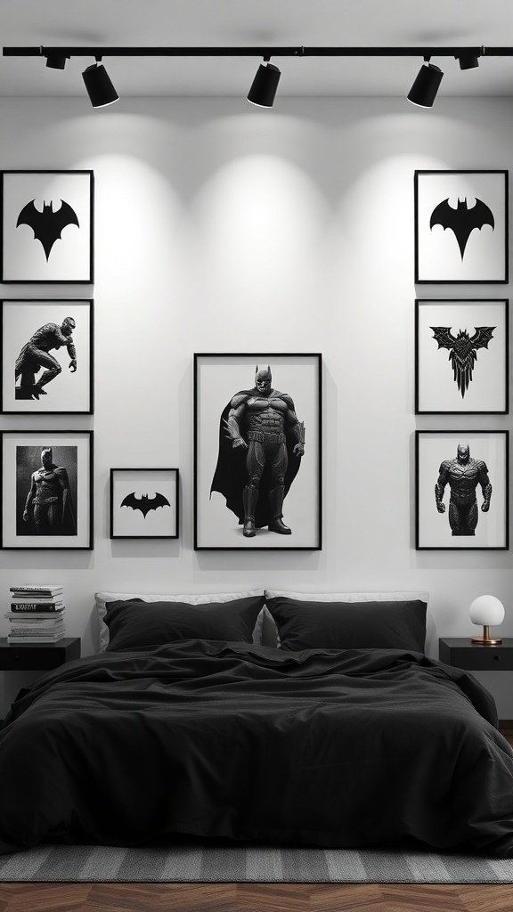 A moody bedroom with black and white Batman artwork on the walls, featuring a dark bedspread and modern lighting.