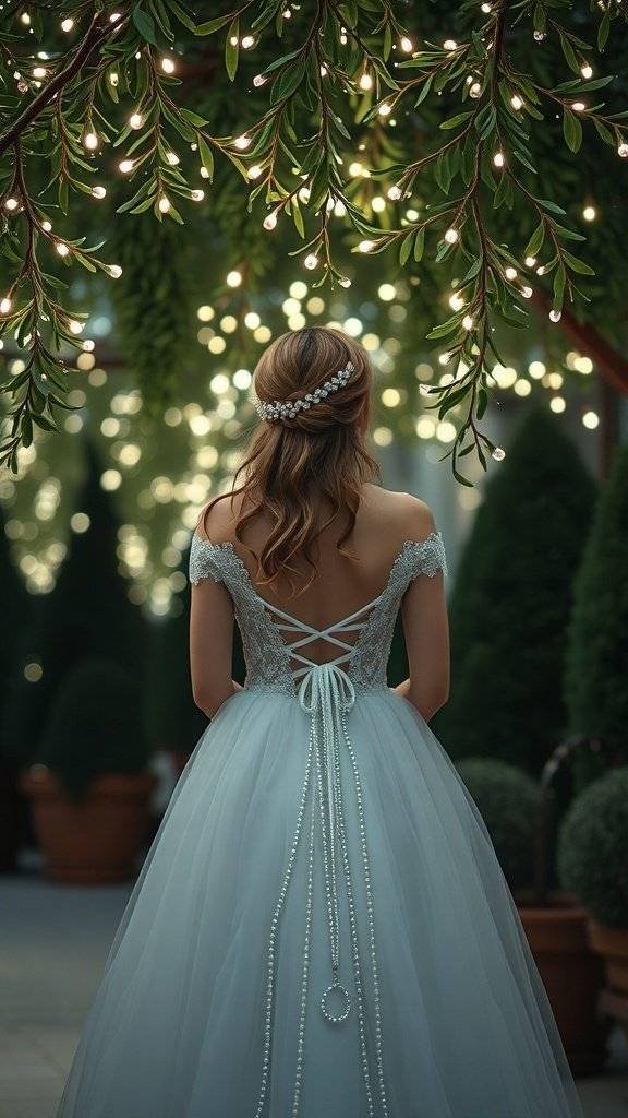 A woman wearing a soft blue Christmas party dress with pearl accents, surrounded by twinkling lights and greenery.