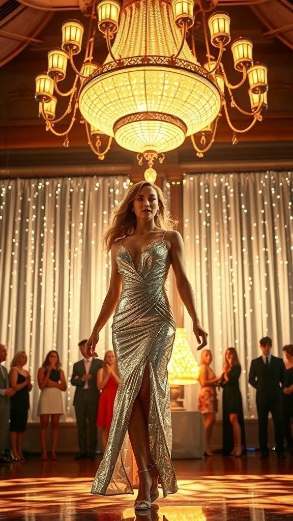 A sparkling Christmas Party Dress displayed in a grand ballroom under a chandelier.