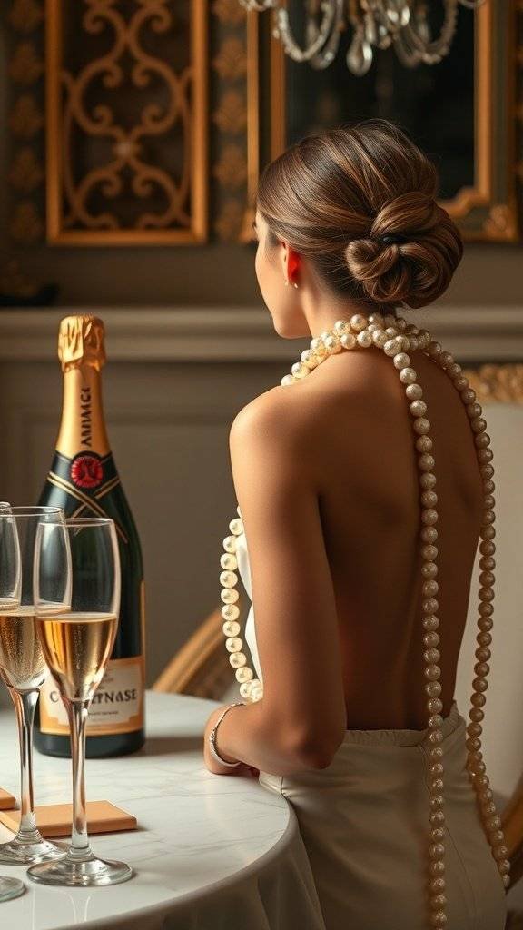 A woman wearing a backless gown with pearl drapes, sitting at a table with champagne glasses and a bottle.
