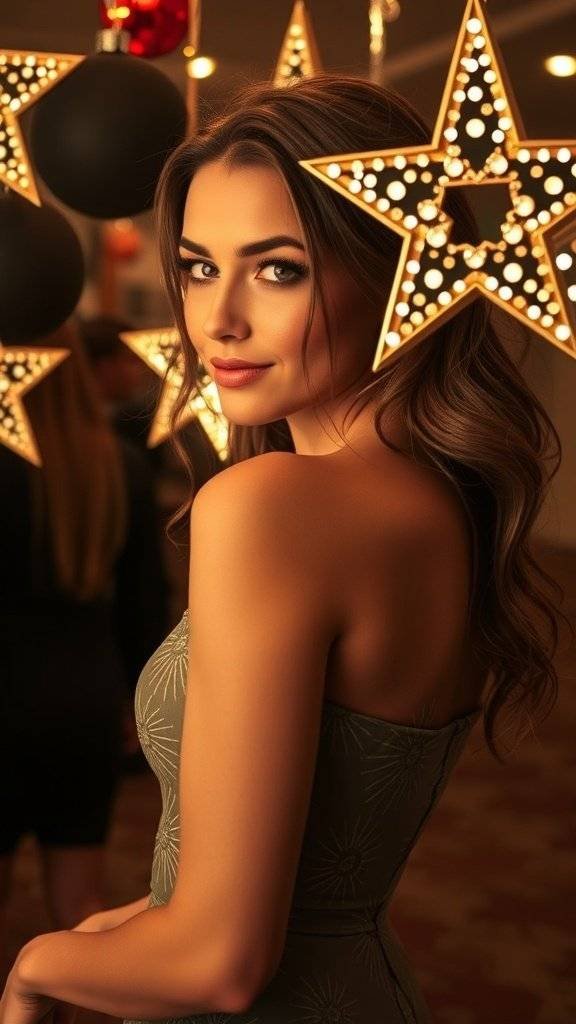 A glamorous starburst sequin dress hanging with holiday decorations.